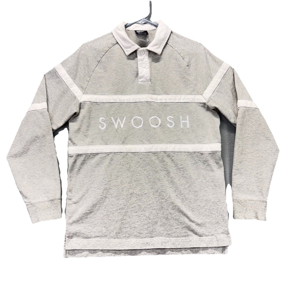 Nike Rugby Polo Shirt Mens M Swoosh Embroidered Gray Spellout Pullover